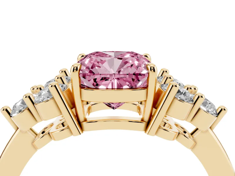 Fancy Pink Cushion Cut Diamond Solitaire Ring Set in Yellow gold with Cluster Accents on Each Side