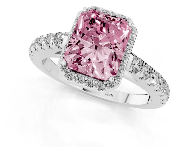 Fancy Pink Radiant Cut Diamond Halo Engagement Ring Set in Silver with Pavé Band and Prong Setting