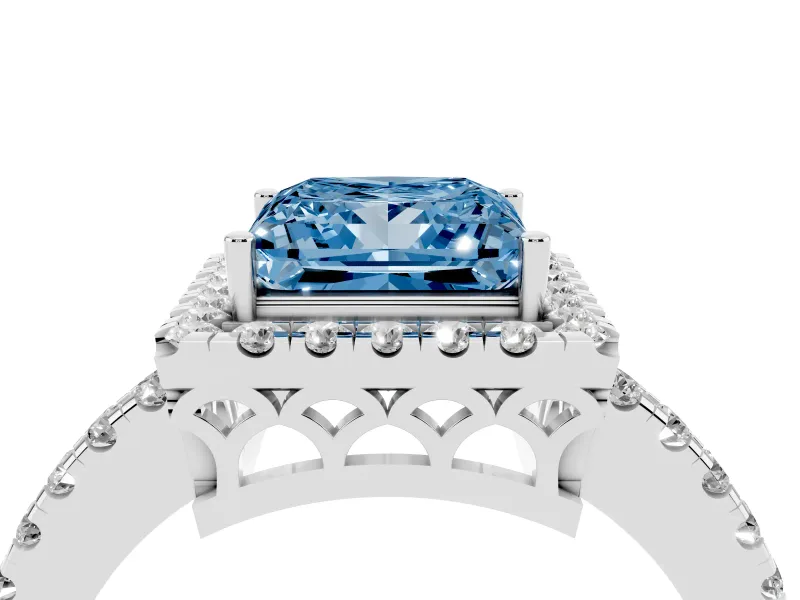 Fancy Blue Princess Cut Diamond Pavé Band Halo Engagement Ring Set in Silver with Prong Setting