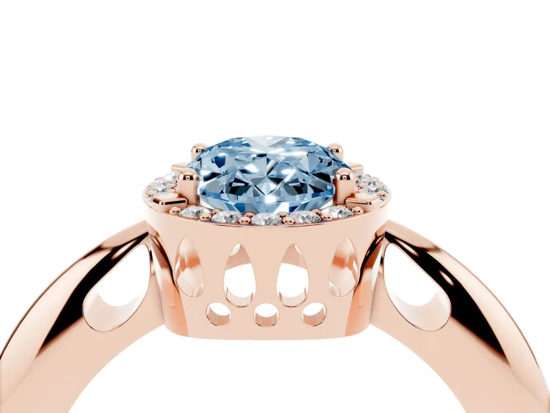 Fancy Blue Oval Cut Diamond Halo Engagement Ring Set in Rose gold with Plain Split Shank and Prong Setting