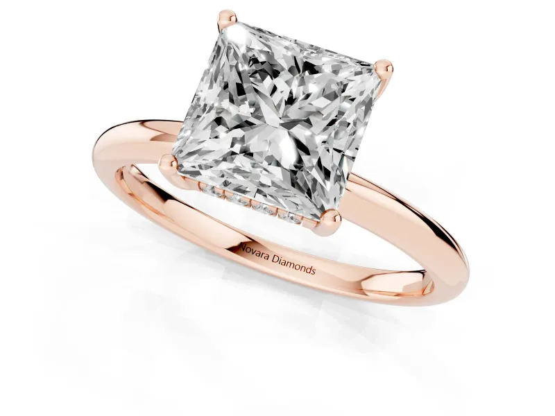 Princess Cut Micro-Prong Hidden Halo Engagement Ring Setting | Plain Band | Rose Gold