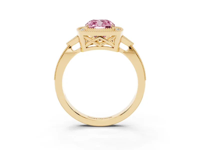 Fancy Pink Cushion Cut Diamond Halo Engagement Ring Set in Yellow gold with Milgrain Pavé Band