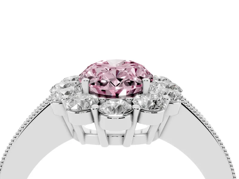 Oval Vintage Halo Engagement Ring Setting for a Fancy Pink Lab-Grown Diamond | Milgrain Channel Band | Sterling Silver
