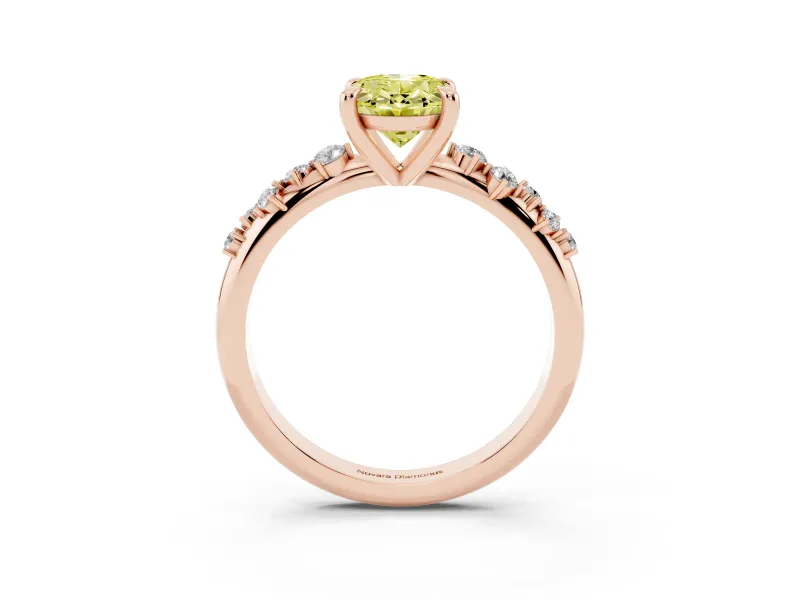 Fancy Yellow Oval Cut Diamond Solitaire Vine Band Ring Set in Rose gold with Round Accents and Prong Setting