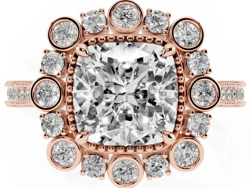 Cushion Cut Diamond Halo Milgrain Pavé Ring Set in Rose gold with Prong Setting