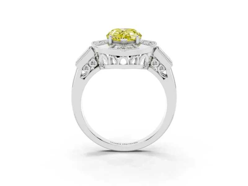 Fancy Yellow Pear Cut Diamond Milgrain Halo Ring Set in Platinum with Split Shank