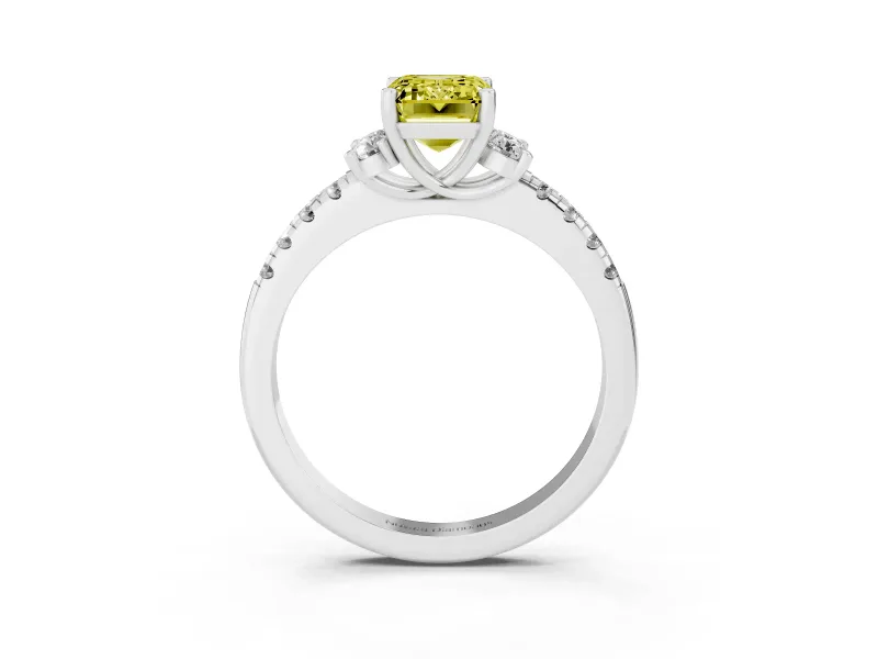 Emerald Cut Side Stone Engagement Ring Setting for a Fancy Yellow Lab-Grown Diamond | Pave Band | Sterling Silver