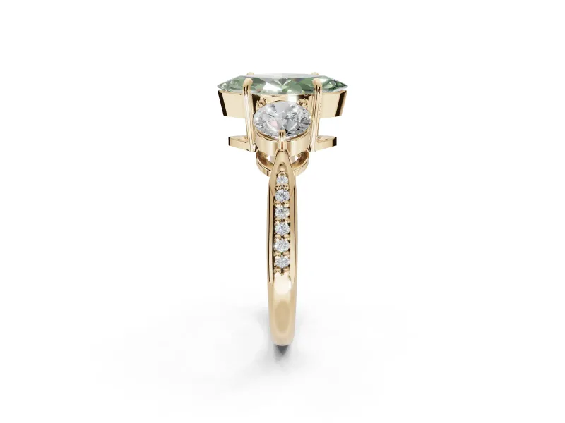 Marquise Three Stone Engagement Ring Setting for a Fancy Green Lab-Grown Diamond | Tapered Pave Band | Yellow Gold