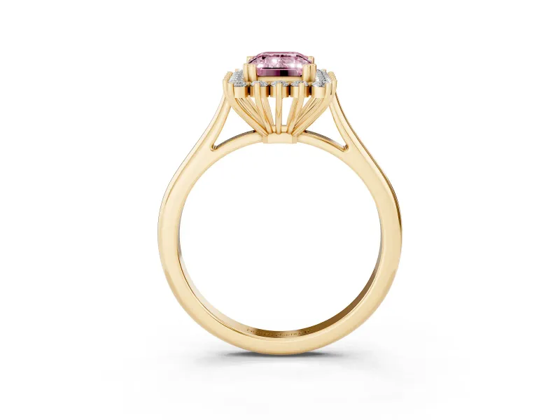 Fancy Pink Emerald Cut Diamond Halo Ring Set in Yellow gold with Plain Solitaire Band and Prong Setting