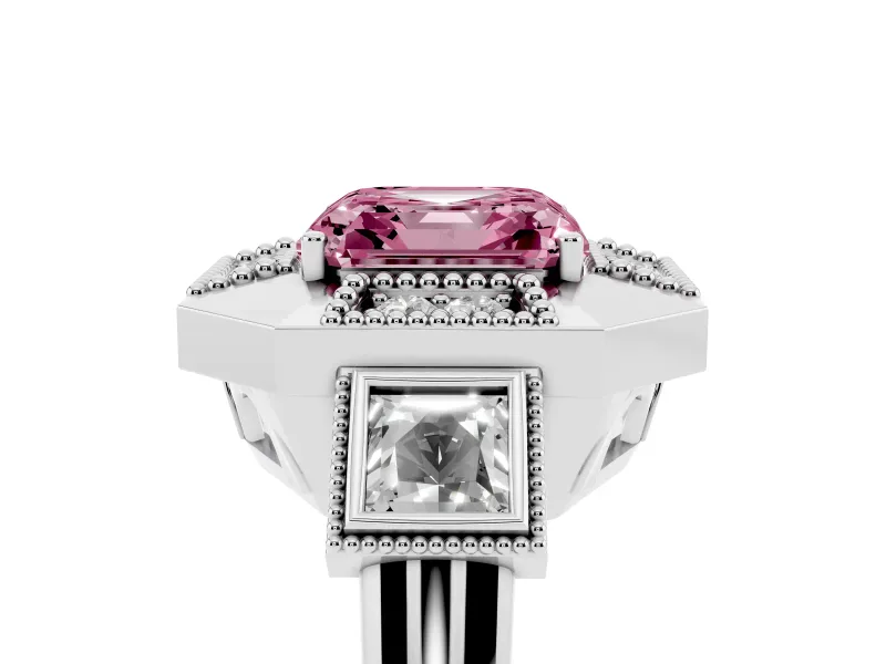 Asscher Cut Milgrain Sectioned Halo Engagement Ring Setting for a Fancy Pink Lab-Grown Diamond | Platinum