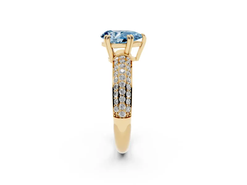 Pear-Shaped Three Row Pave Engagement Ring Setting for a Fancy Blue Lab-Grown Diamond | Yellow Gold