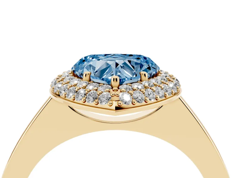 Heart-Shaped Pave Halo Engagement Ring Setting for a Fancy Blue Lab-Grown Diamond | Slim Plain Band | Yellow Gold