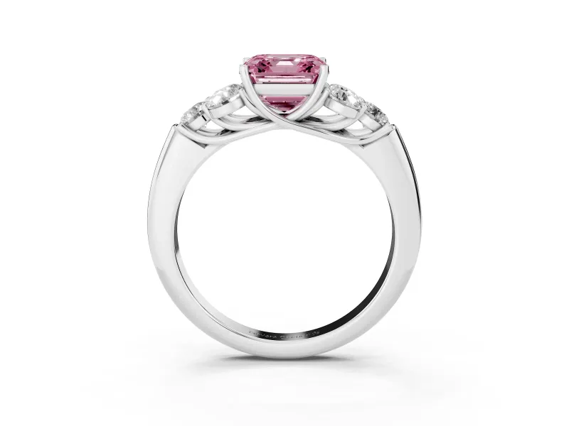 Fancy Pink Asscher Cut Diamond Cluster Ring Set in Platinum with Round Accent Stones and Prong Setting on a Plain Band