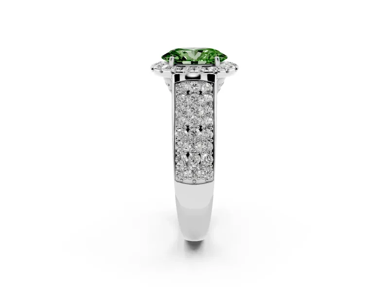 Fancy Green Oval Cut Diamond Halo Ring Set in White gold with Pavé Band and Raised Center Setting