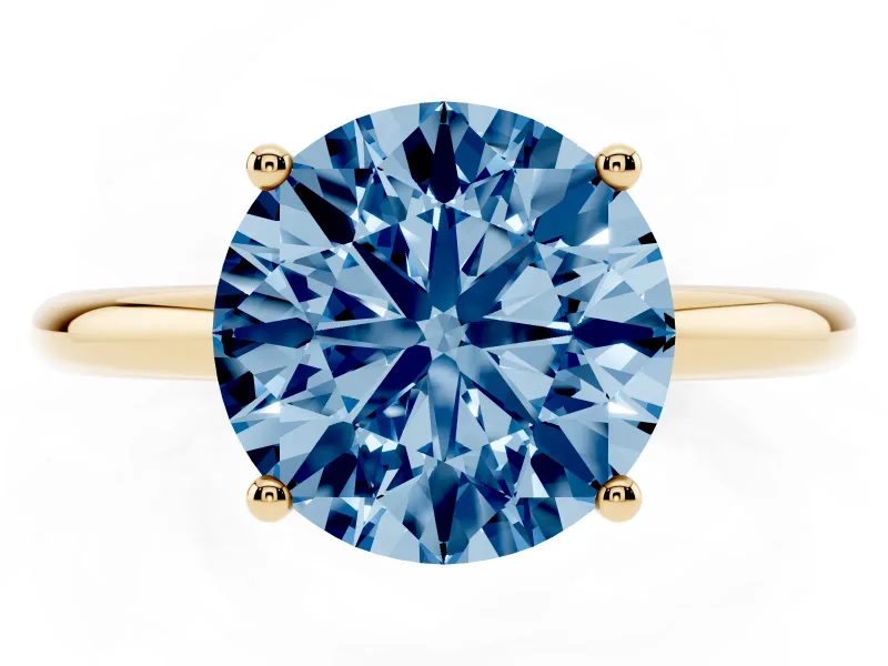 Fancy Blue Round Cut Diamond Solitaire Engagement Ring Set in Yellow gold with Prong Setting and Polished Band