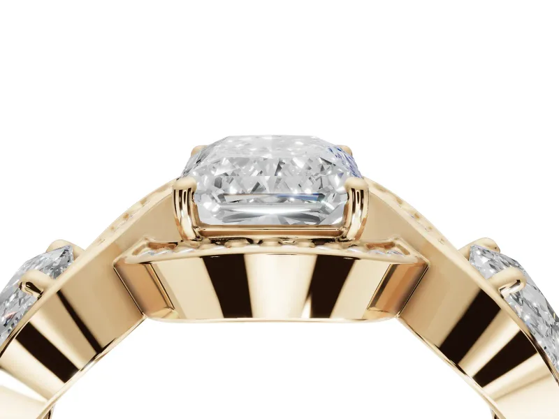 Radiant Cut Three Stone Halo Engagement Ring Setting | Pavé Wave Band | Yellow Gold