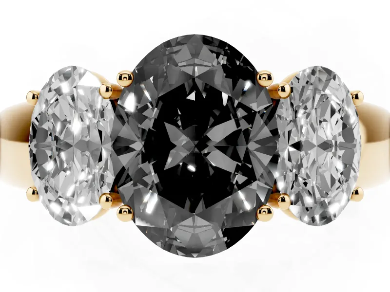 Oval Three Stone Engagement Ring Setting for a Black Center | Touching Side Stones | Yellow Gold
