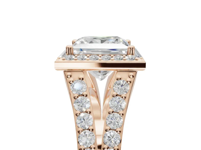 Princess Cut Halo Pavé Engagement Ring Setting | Narrow Split Shank | Rose Gold