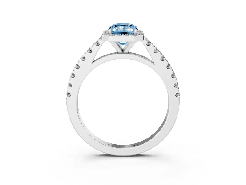 Fancy Blue Emerald Cut Diamond Halo Engagement Ring Set in Platinum with Pavé Band and Prong Setting