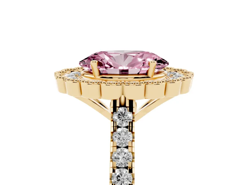 Fancy Pink Oval Cut Diamond Milgrain Floral Halo Engagement Ring Set in Yellow gold with Pavé Band