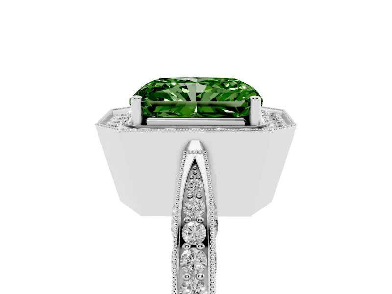 Radiant Cut Milgrain Halo Engagement Ring Setting for a Fancy Green Lab-Grown Diamond | Side Stones | White Gold