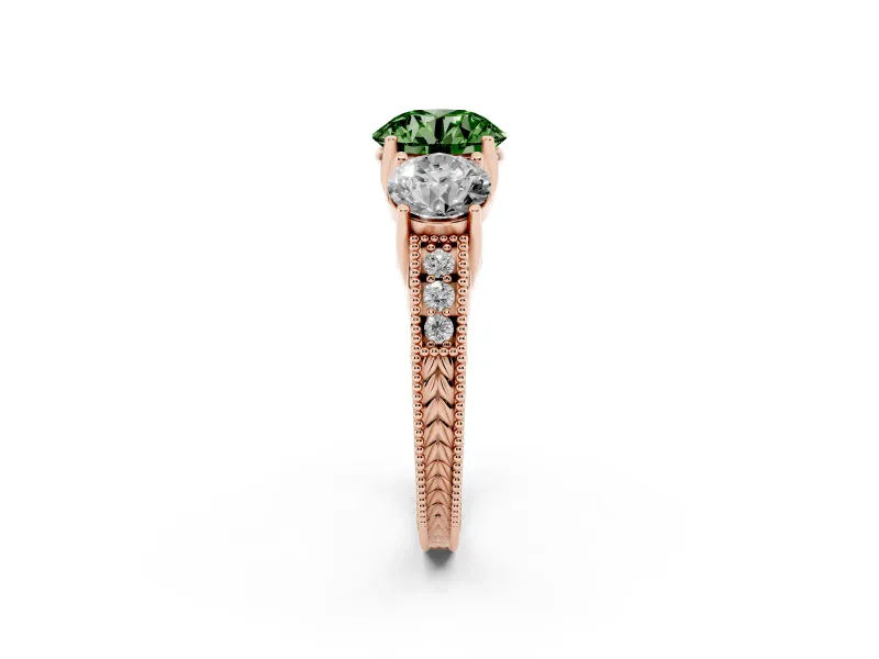 Round Vintage Three Stone Engagement Ring Setting for a Fancy Green Lab-Grown Diamond | Rose Gold