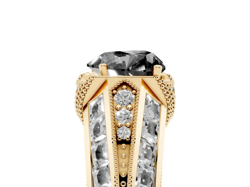 Fancy Black Heart Cut Diamond Vintage-Inspired Milgrain Ring Set in Yellow gold with Accent Split Shank