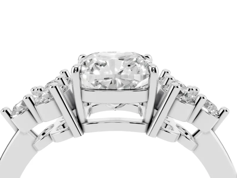 Cushion Cut Diamond Solitaire Ring Set in Silver with Cluster Accents on Each Side
