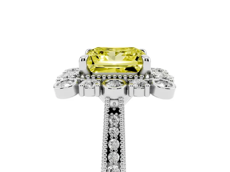 Fancy Yellow Princess Cut Diamond Halo Milgrain Pavé Ring Set in Platinum with Prong Setting