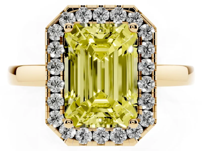 Fancy Yellow Emerald Cut Diamond Halo Solitaire Ring Set in Yellow gold with Pavé Band and Prong Setting