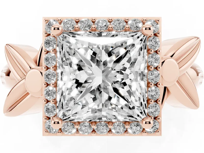 Princess Cut Floral Halo Engagement Ring Setting | Leaf Shoulders | Rose Gold