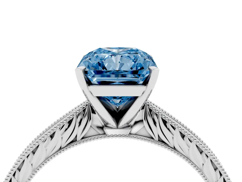 Fancy Blue Radiant Cut Diamond Solitaire Milgrain Engraved Band Set in Platinum with Prong Setting