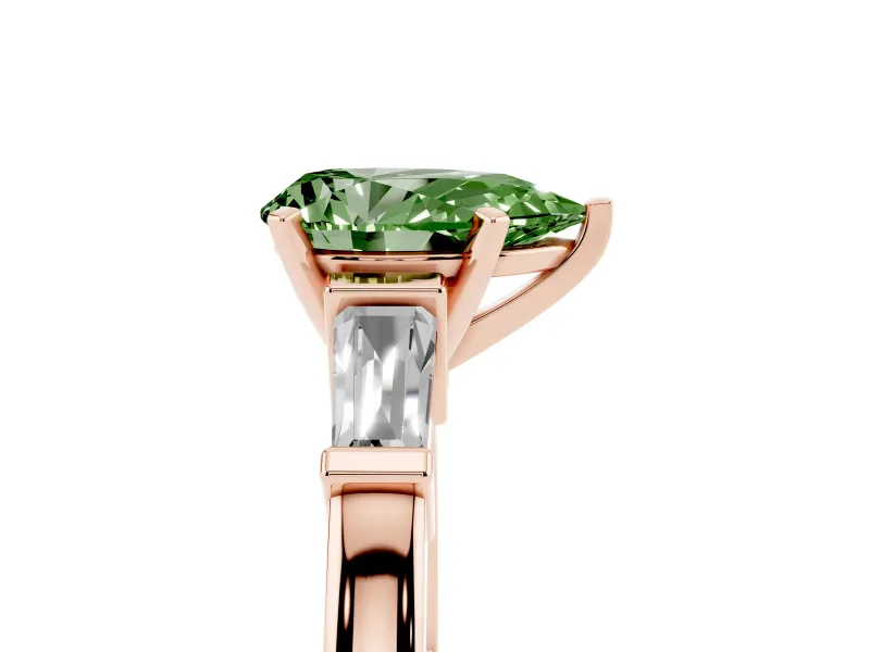 Fancy Green Pear Cut Diamond Solitaire Ring Set in Rose gold with Tapered Baguette Accents and Prong Setting