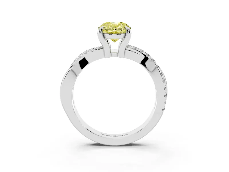 Fancy Yellow Oval Cut Diamond Twist Band Solitaire Set in White gold with Pavé Accents and Prong Setting