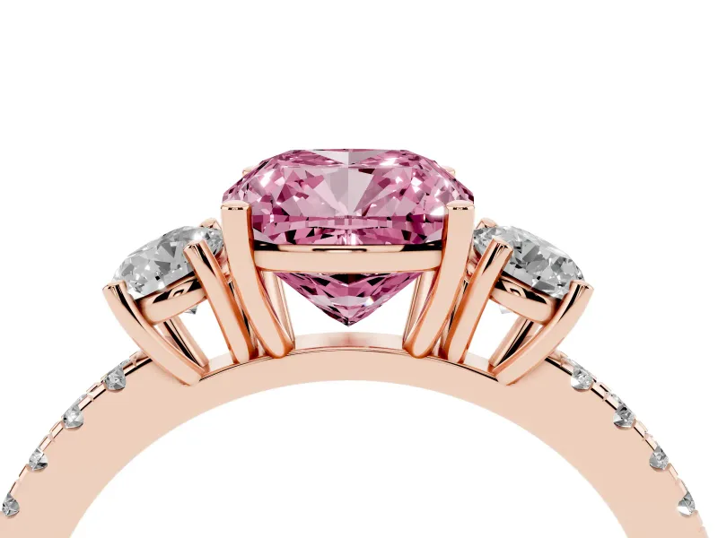Cushion Cut Three Stone Engagement Ring Setting for a Fancy Pink Lab-Grown Diamond | Pave Shoulders | Rose Gold