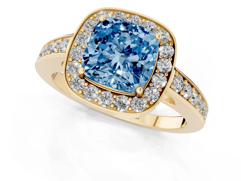 Fancy Blue Cushion Cut Diamond Halo Pavé Engagement Ring Set in Yellow gold with Bezel Setting