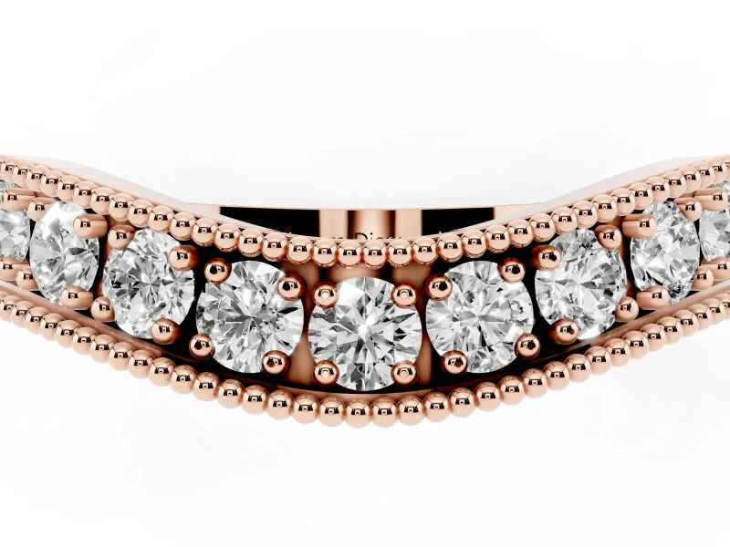 Round Diamond Contour Wedding Band Set in Rose gold with Milgrain Pavé Setting