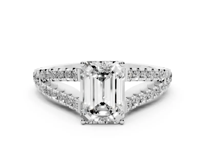 Emerald Cut Diamond Split Shank Pavé Engagement Ring Set in Platinum with Prong-Held Center Stone