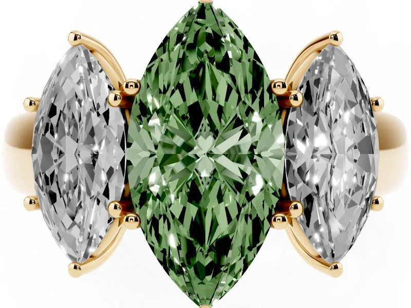 Fancy Green Three-Stone Marquise Cut Diamond Ring Set in Yellow gold with Matching Prong Settings and Plain Band