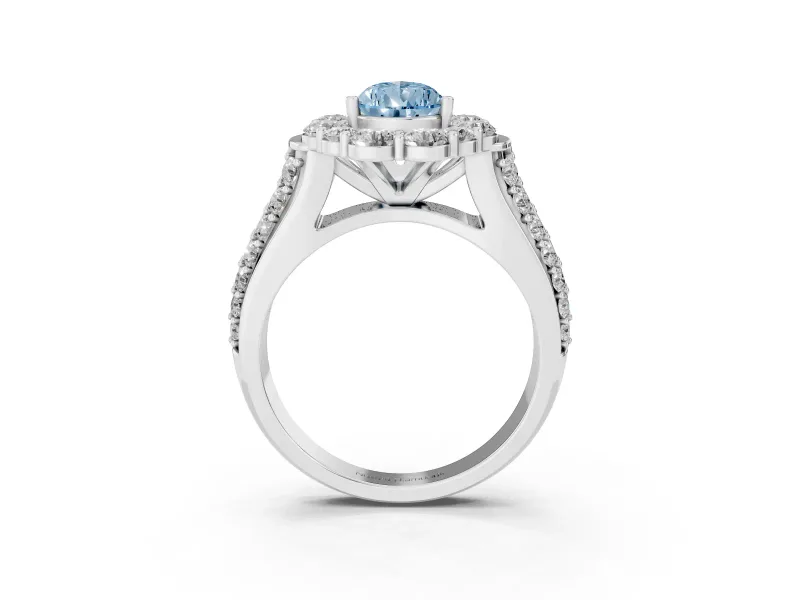 Fancy Blue Pear Cut Diamond Halo Engagement Ring Set in White gold with Split Shank and Prong Setting
