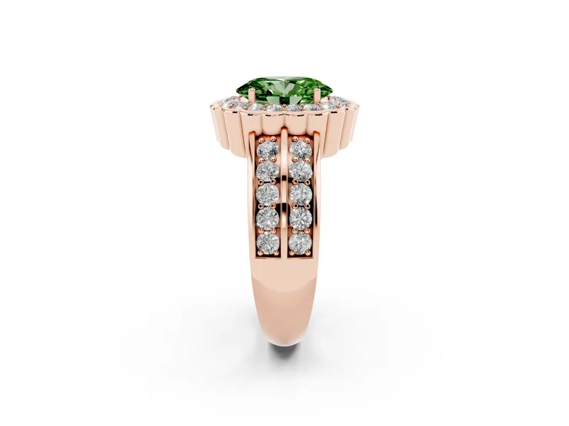 Fancy Green Oval Cut Diamond Scalloped Halo Ring Set in Rose gold with Pavé Split Shank