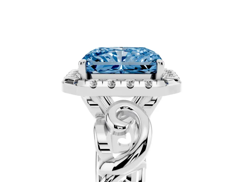 Fancy Blue Radiant Cut Diamond Halo Ring Set in Silver with Scrollwork Band and Prong Setting