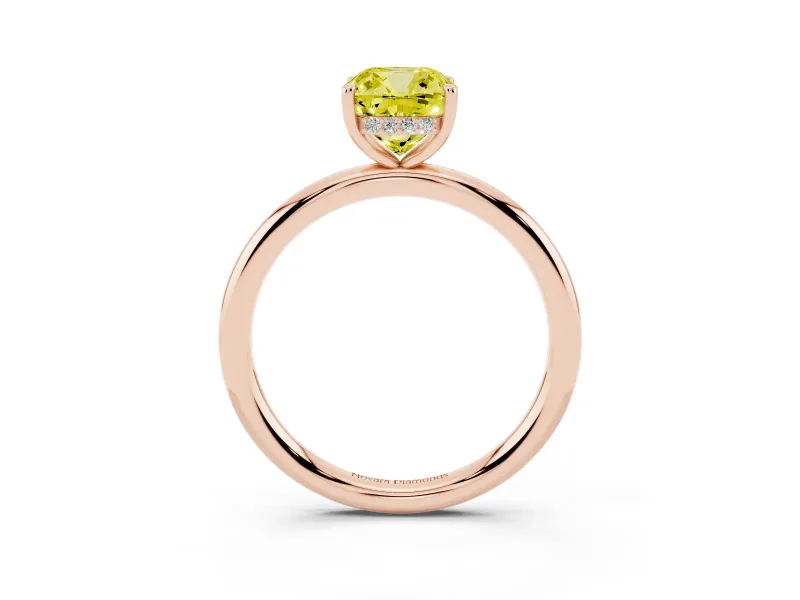 Fancy Yellow Cushion Cut Diamond Solitaire Ring Set in Rose gold with Thin Band and Prong Setting