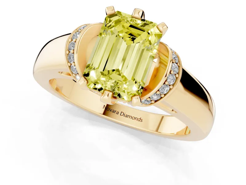 Fancy Yellow Emerald Cut Diamond Pavé Band Solitaire Ring Set in Yellow gold with Prong Setting