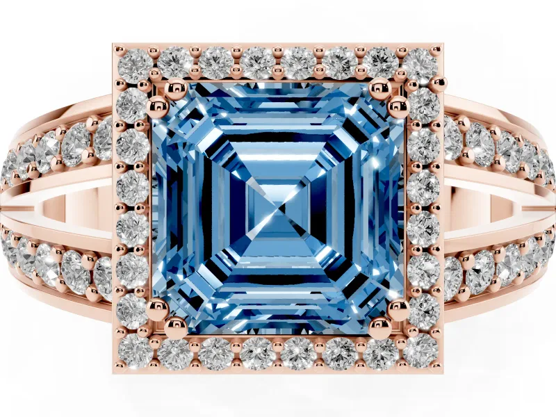 Asscher Cut Halo Engagement Ring Setting for a Fancy Blue Lab-Grown Diamond | Two-Row Pave Split Shank | Rose Gold
