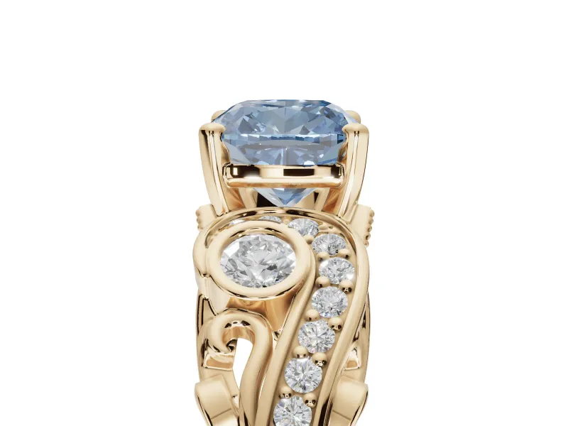 Cushion Cut Swirl Engagement Ring Setting for a Fancy Blue Lab-Grown Diamond | Yellow Gold