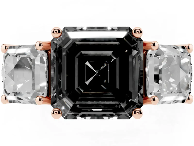 Asscher Cut Three Stone Engagement Ring Setting for a Black Center | Accented Shoulders | Rose Gold