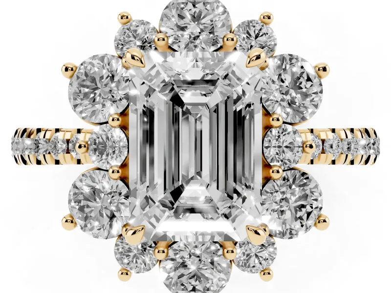 Emerald Cut Diamond Floral Halo Ring Set in Yellow gold with Round Pavé Band and Prong Setting