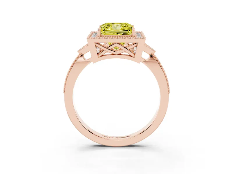 Princess Cut Milgrain Halo Engagement Ring Setting for a Fancy Yellow Lab-Grown Diamond | Graduated Pavé | Rose Gold