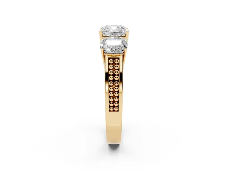 Cushion Cut Three Stone Engagement Ring Setting | Beaded Shoulders | Yellow Gold